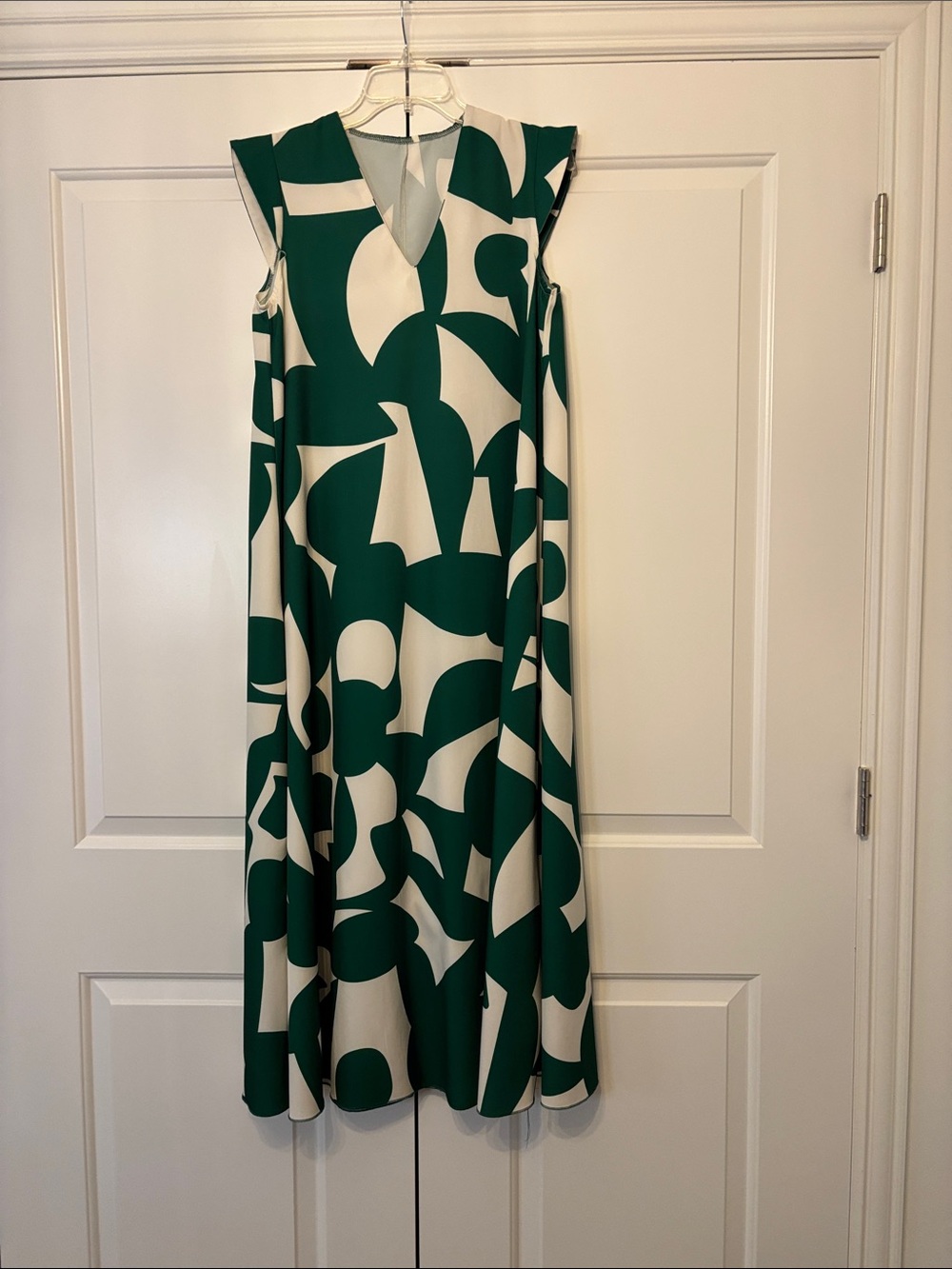 SHEIN Green & White Abstract V-Neck Midi Dress